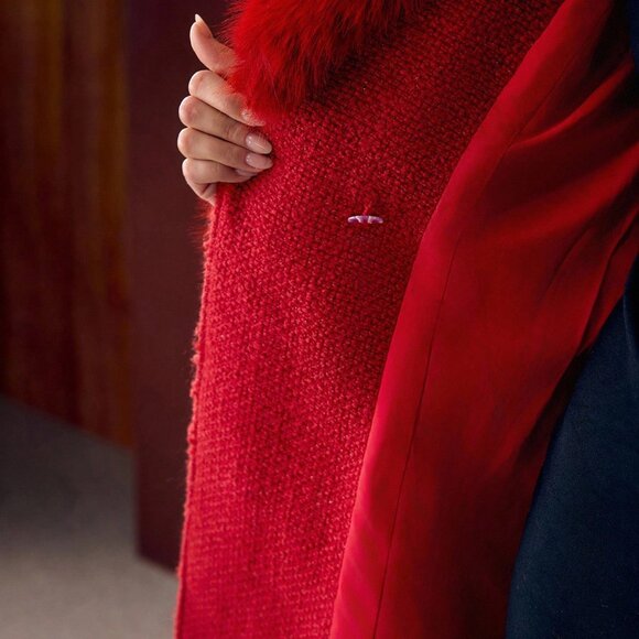 Red Elegant Women's Collar Tied Waist Long Coat - Picture 7 of 7